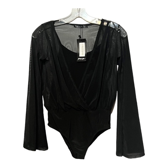 Nasty Gal Wrap Bodysuit Black Mesh Sheer Overlay Flare Sleeve Blouse Snap Size 4 - Picture 2 of 7